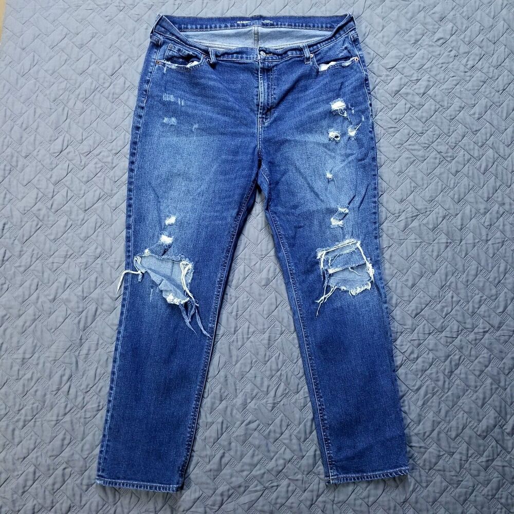Old Navy Jeans Womens 16 Blue Mid Rise BoyFriend Distressed Dark Wash Denim